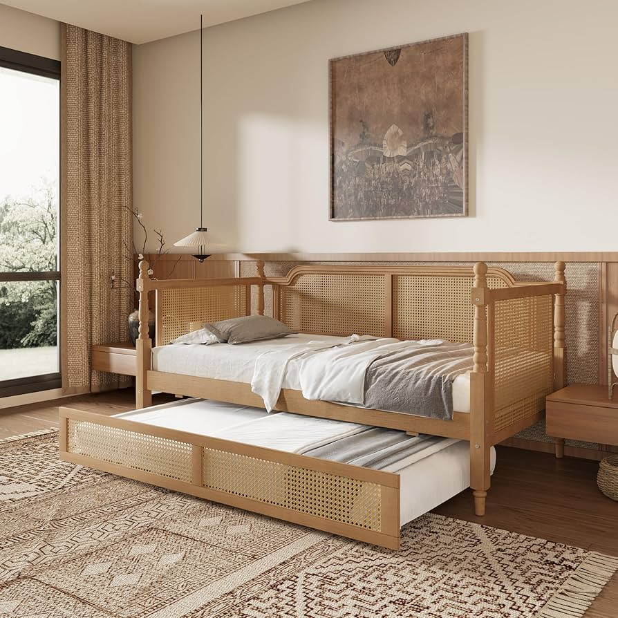 Merax Twin Size Wood Bedframe Daybed, Rattan Bed Frame with Twin Size Trundle for Bedroom, Guest ... | Amazon (US)