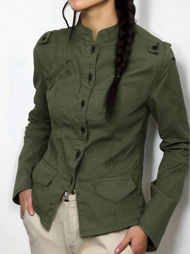 Women's Long Sleeve Green Casual Outdoor Shirt, Autumn Fall Cloth For Women | SHEIN