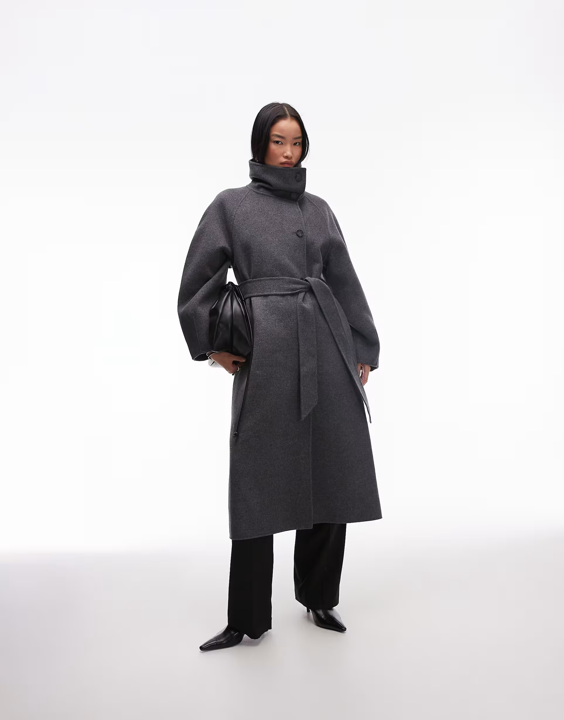& Other Stories belted wool maxi coat with high funnel and sculptural sleeves in grey dark | ASOS (Global)