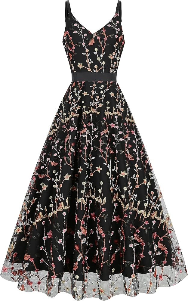 Long Floral Embroidery Dress for Women Flower Embroidered Maxi Dress Spaghetti Straps Formal Even... | Amazon (US)