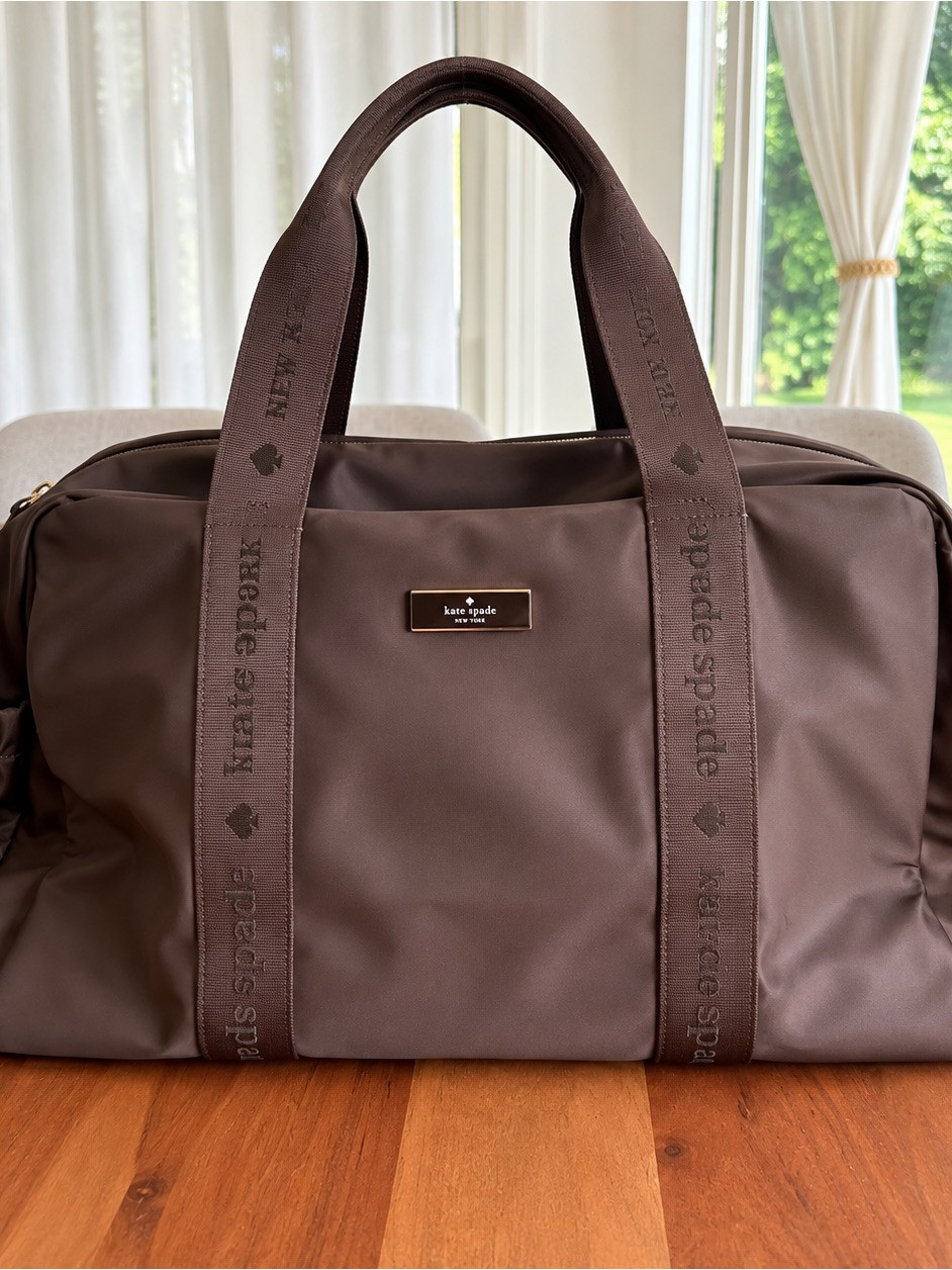 Kate Spade Carter Nylon Large Weekender in Hot Fudge, recycled nylon weekender with trolley sleeve
