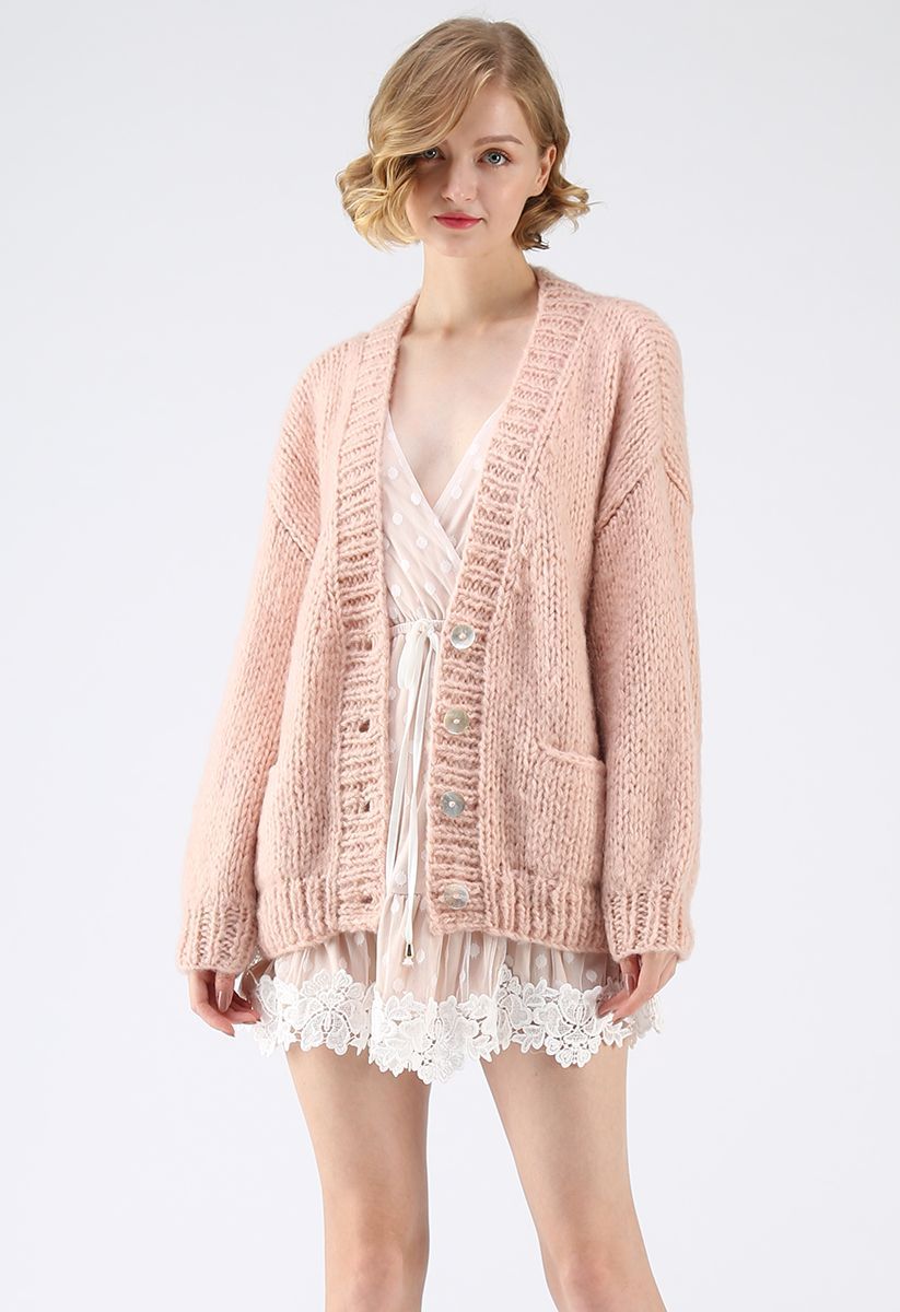 Pause for the Cozy Chunky Hand Knit Cardigan in Pink | Chicwish