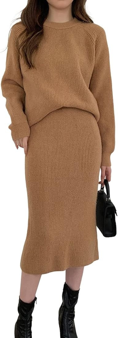 chouyatou Women's Two Piece Sweater Skirt Sets Knit Sweater Top Bodycon Skirt 2 Piece Outfits | Amazon (US)