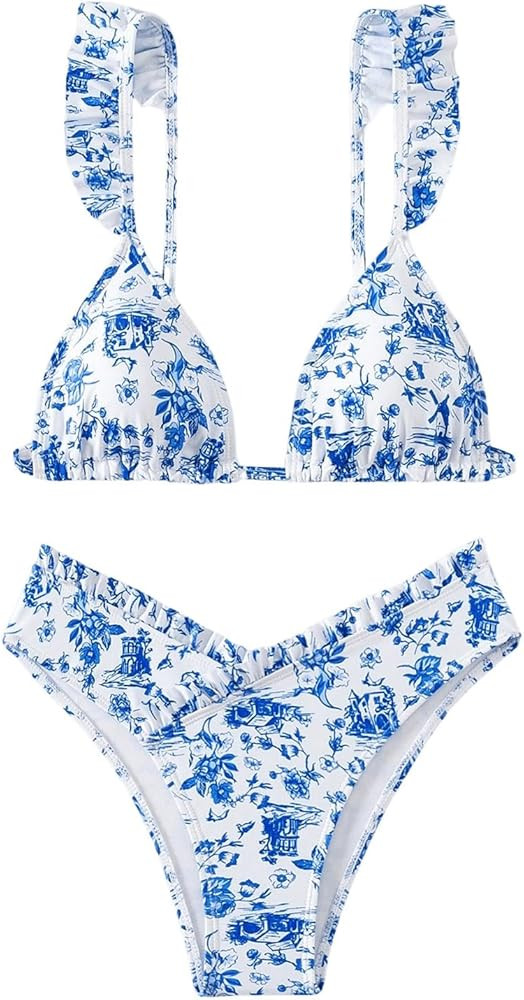 Women's 2 Piece Bikini Sets High Cut Ruffle Trim Triangle Floral Bathing Suit Wireless Tie Back S... | Amazon (US)