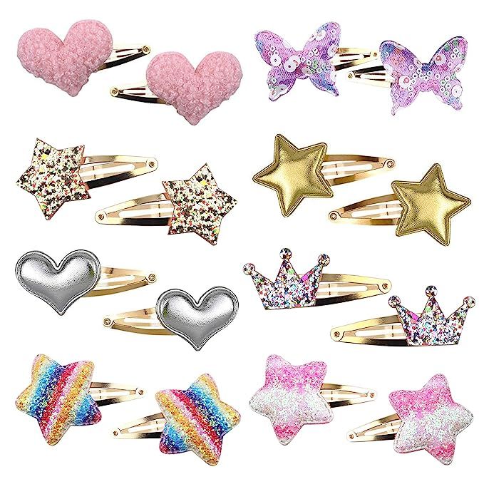 Gingbiss 8 Pairs/16 Pack Hair Clips for Girls, Star/Crown/Heart/Butterfly Shaped Kids Hair Barret... | Amazon (US)