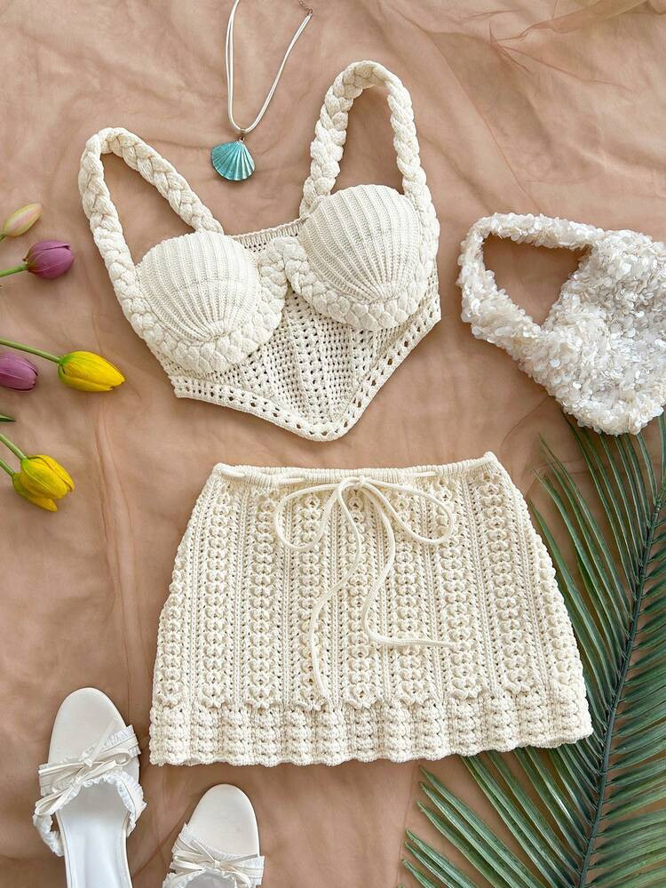 Soleia 2pcs Vacation Sexy Camisole Crochet Backless Top And Low Waist Skirt Set, Suitable For Mus... | SHEIN