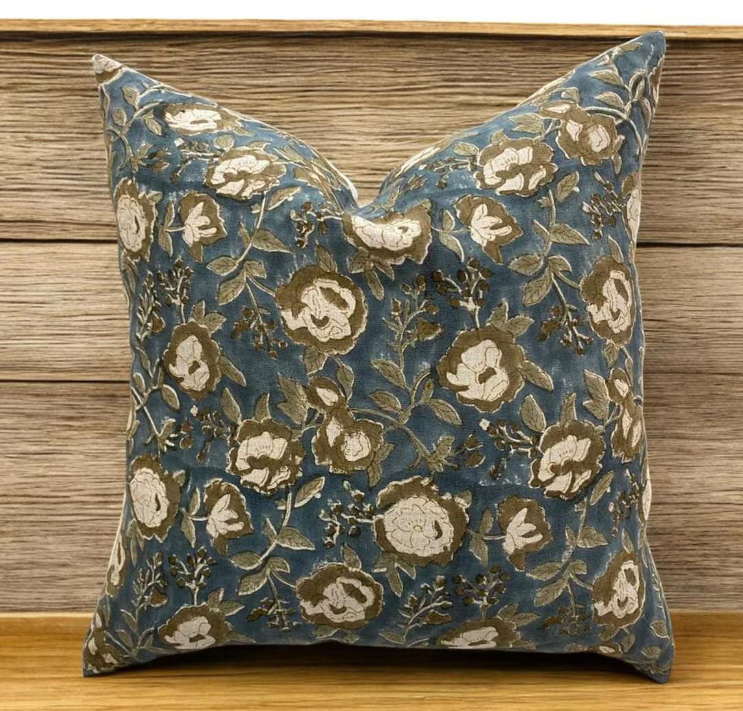 Handcrafted Linen Pillow Cover - Natural & Eco-Friendly Home Décor, Hand Block Floral Pillow Cov... | Etsy (US)