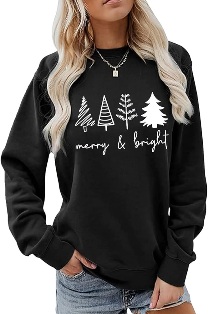 Merry and Bright Christmas Trees Sweatshirt Women Christmas Holiday Sweater Casual Crew Neck Pull... | Amazon (CA)