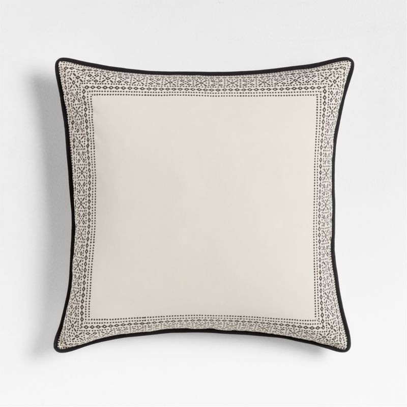 Washed Cotton 23"x23" Natural Taupe/Midnight Navy Border Block Print Throw Pillow with Feather In... | Crate & Barrel