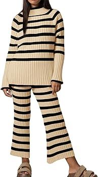 Fazortev Women's 2 piece outfits Oversized Striped Knit Lounge Sets Cozy Pullover Tops Wide Leg P... | Amazon (US)