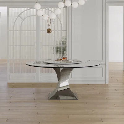 59" Round Dining Table Sintered Stone Top Black Titanium Stainless Steel Hourglass Base 4-6 Person | Wayfair North America