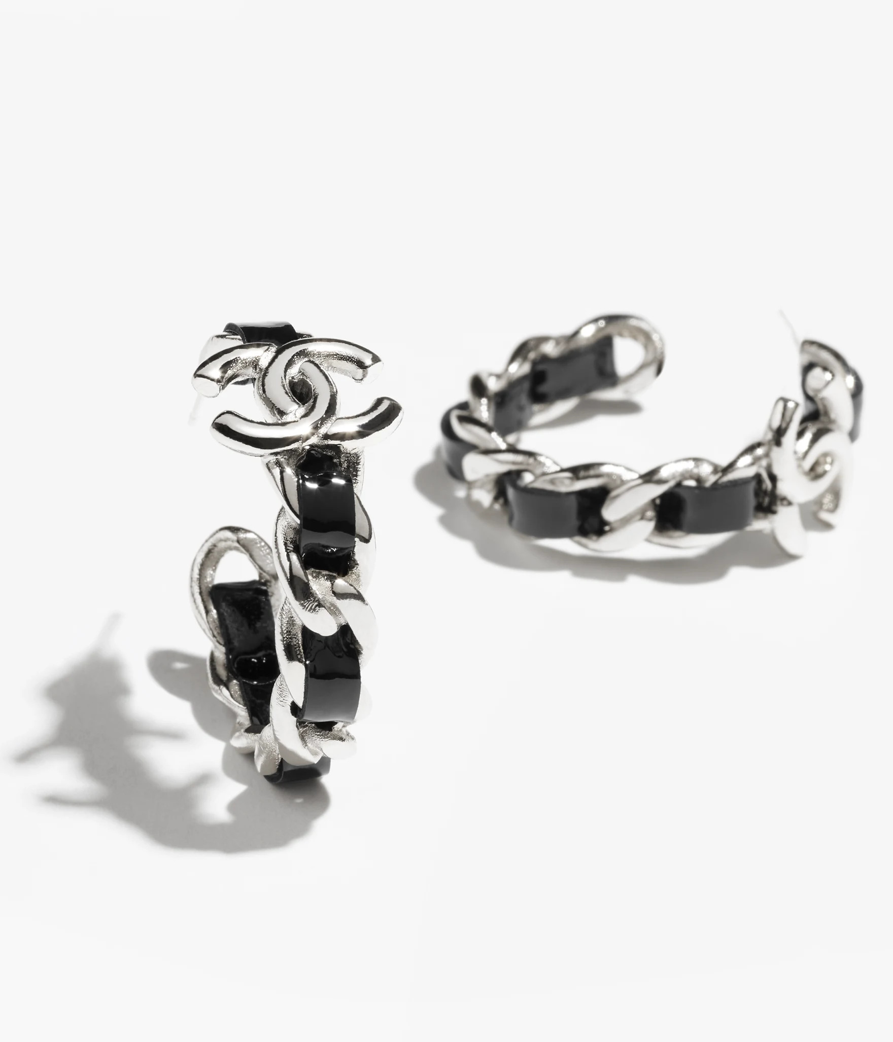 Hoop earrings - Metal & goatskin, silver & black — Fashion | CHANEL | Chanel, Inc. (US)