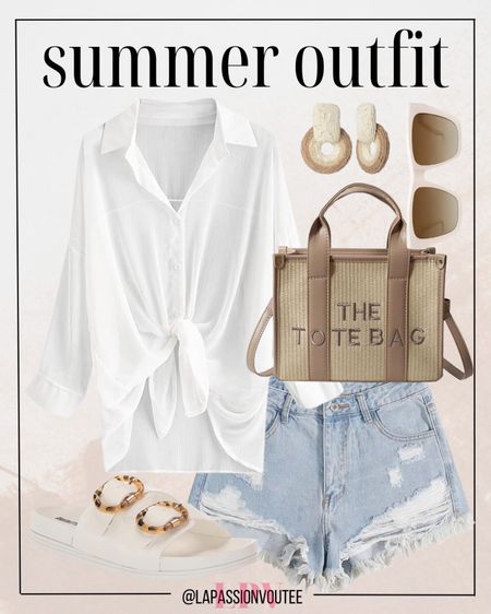 Effortless elegance: Elevate denim shorts with a crisp button-down shirt, complemented by charming raffia earrings and chic sunglasses. Carry your essentials in a trendy straw tote bag and step out in style with double-strap sandals. A perfect ensemble for soaking up the sun with a touch of sophistication.

#LTKSeasonal #LTKfindsunder100 #LTKstyletip