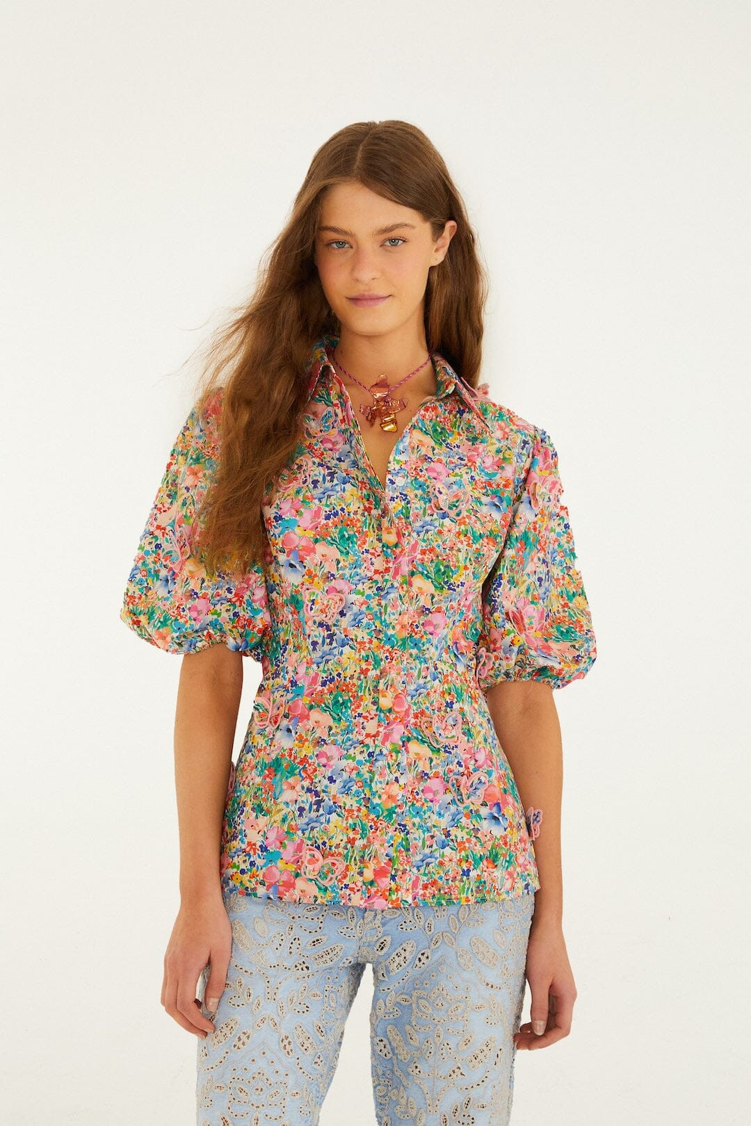 Off-White Peasant Floral Butterflies Organic Cotton Blouse, PEASANT FLORAL OFF-WHITE / XL | FarmRio (US)
