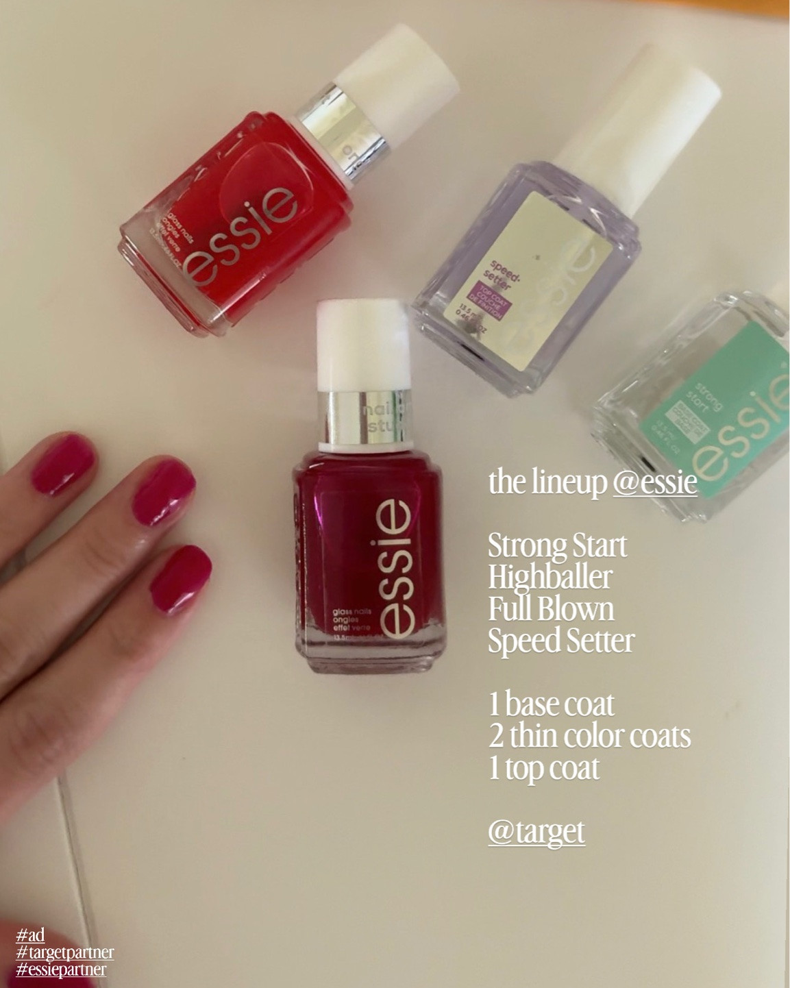 #ad #targetpartner #essiepartner In partnership with @essie | A closer look at the finished glass-nail manicure. #ad #targetpartner #essiepartner
the lineup:
Strong Start- 1 base coat
Highballer (shade shown!) -2 thin color coats
Full Blown
Speed Setter- 1 top coat 

Shop all four at @target through the links here.
@shop.ltk #liketkit