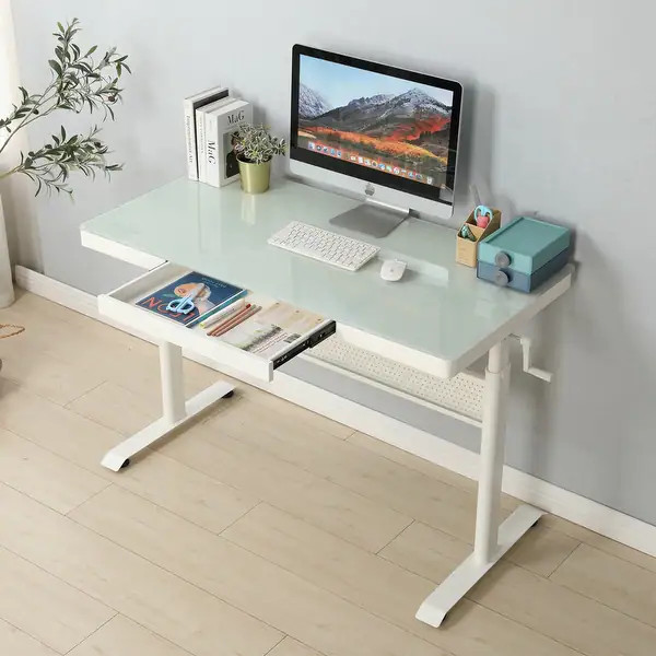 Tempered Glass Standing Desk w/ Metal Drawer Ergonomic Workstation Adjustable Height Stand up Des... | Bed Bath & Beyond