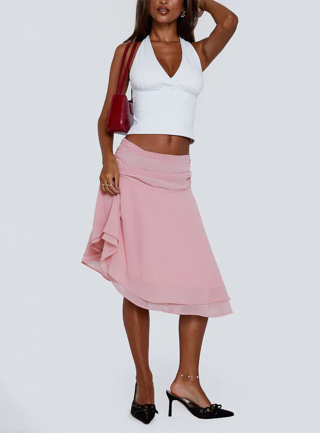 Evanescence Asymmetrical Midi Skirt Pastel Pink | Princess Polly US