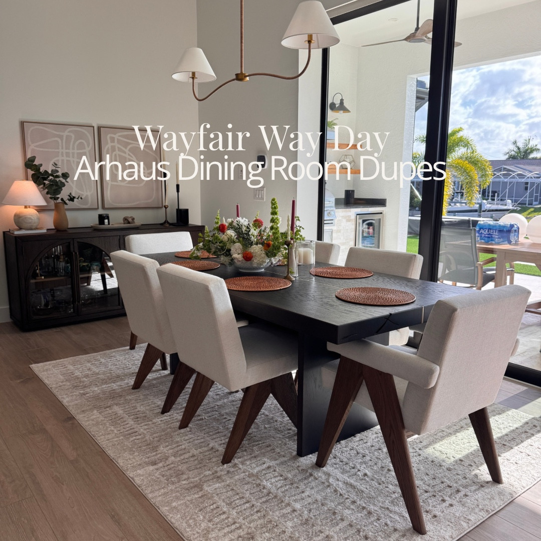 Way Day Deals & Dupes! I am sharing the pricing that was live YESTERDAY beware that sometimes way day prices change to make your shopping feel a little more cost savings 🤍 

These are great duoes and deals for my Arhaus dining room I would describe it as coastal modern organic 😍 I especially love the detail on my light fixture  

My rug size is the 6’7 x 9’3