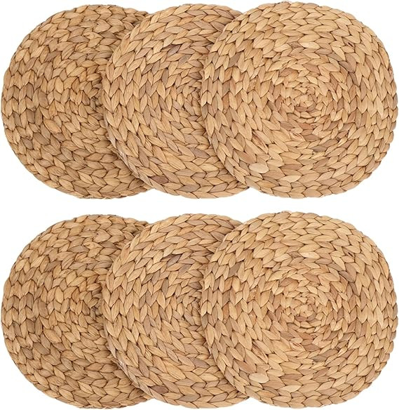kilofly Natural Water Hyacinth Weave Placemat Round Braided Rattan Tablemats 14.5 inch x 6pc | Amazon (US)
