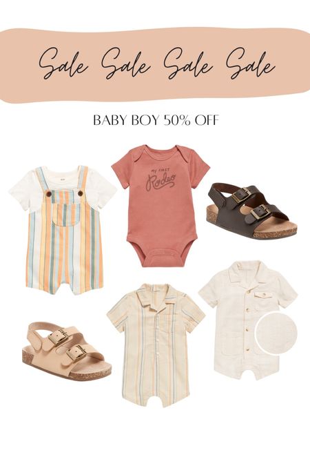 Baby boy sale - old navy sale, Memorial Day sale. 50% off, no code needed.
Striped baby boy romper, affordable baby boy clothes, baby boy sandals, not my first rodeo onesie.

#LTKBaby #LTKFamily #LTKKids