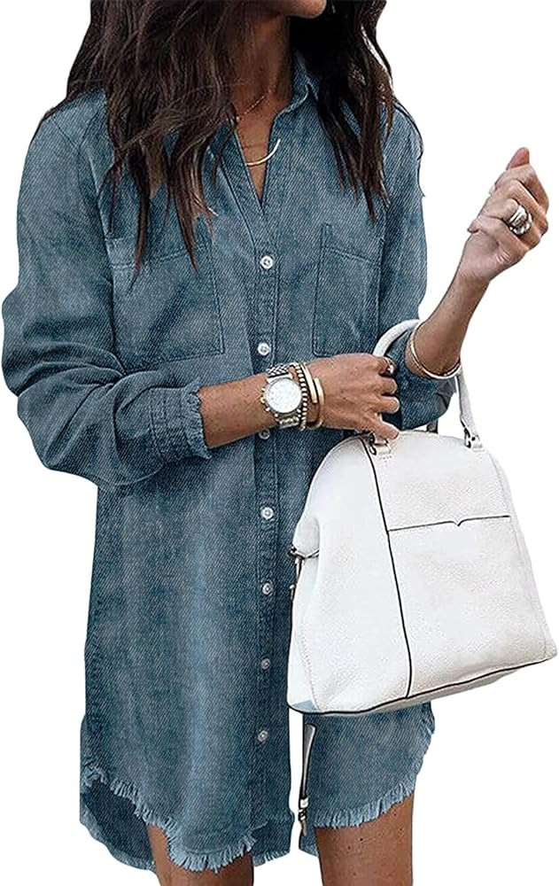 Zilcremo Women Denim Shirt Dresses Long Sleeve Distressed Jean Dress Button Down Casual Tunic Top | Amazon (US)