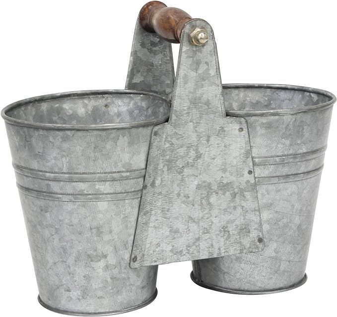 Stonebriar Conservatory Antique Galvanized Double Bucket with Wood Handle, Silver | Amazon (US)