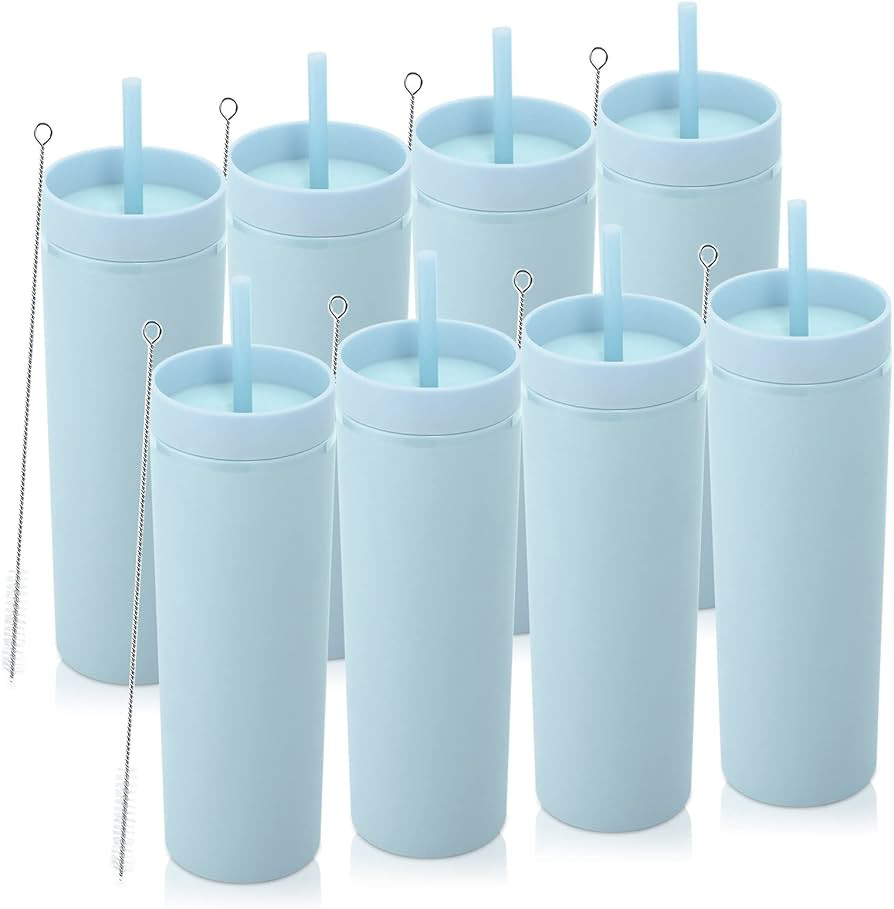 Volhoply 20oz Tumbler with Lid and Straw 8 Pack,Double Wall Plastic Skinny Tumblers Bulk,Reusable... | Amazon (US)