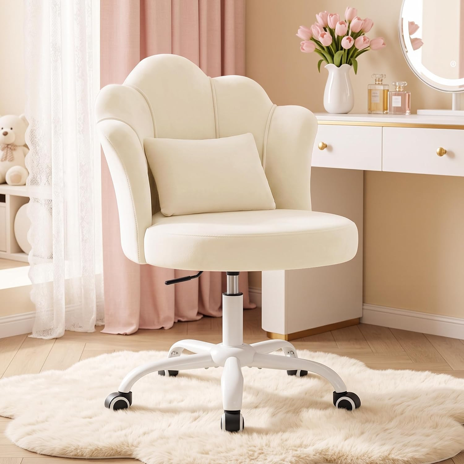 White Vanity Chair with Wheels, Petal Velvet Armless Desk Chair | Amazon (US)