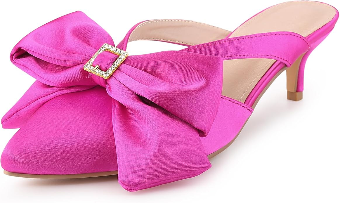 Perphy Bow Heels Closed Pionted Toe Kitten Heel Satin Slide Mules for Women | Amazon (US)