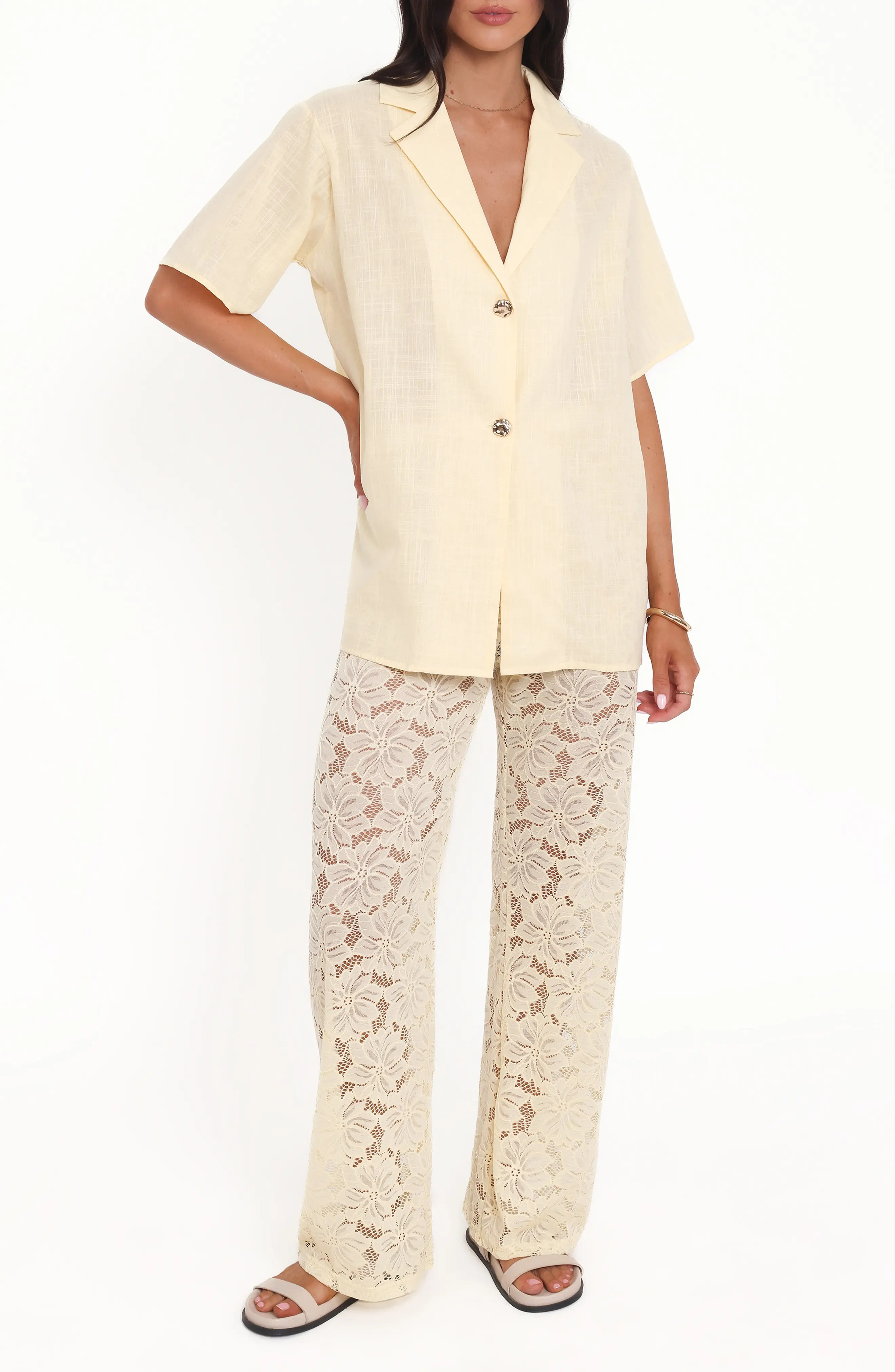 Petal & Pup Mindy Woven Shirt & Lace Pants in Yellow at Nordstrom, Size Large | Nordstrom