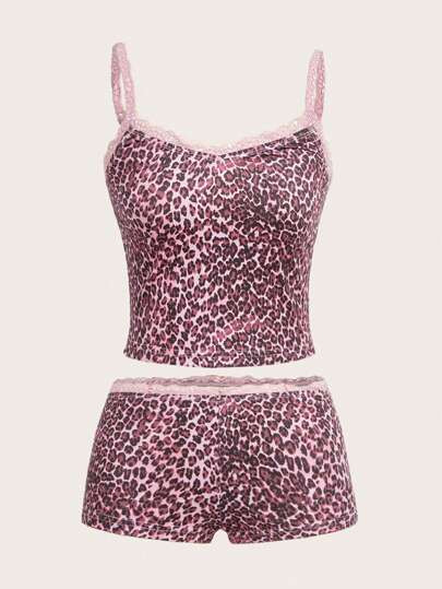 SHEIN EZwear 2pcs Women's Contrast Color Lace Patchwork Tank Top And Shorts Set | SHEIN