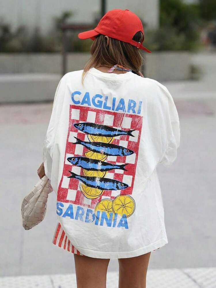 Sardine Canned Design Loose Oversized Women Short Sleeve Round Neck Casual Tee, Summer Beach | SHEIN