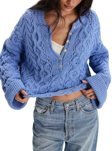 Lentta Womens Chunky Cable Knit Sweater Crewneck Long Sleeve Half Button Pullover Fall Winter Kni... | Amazon (US)