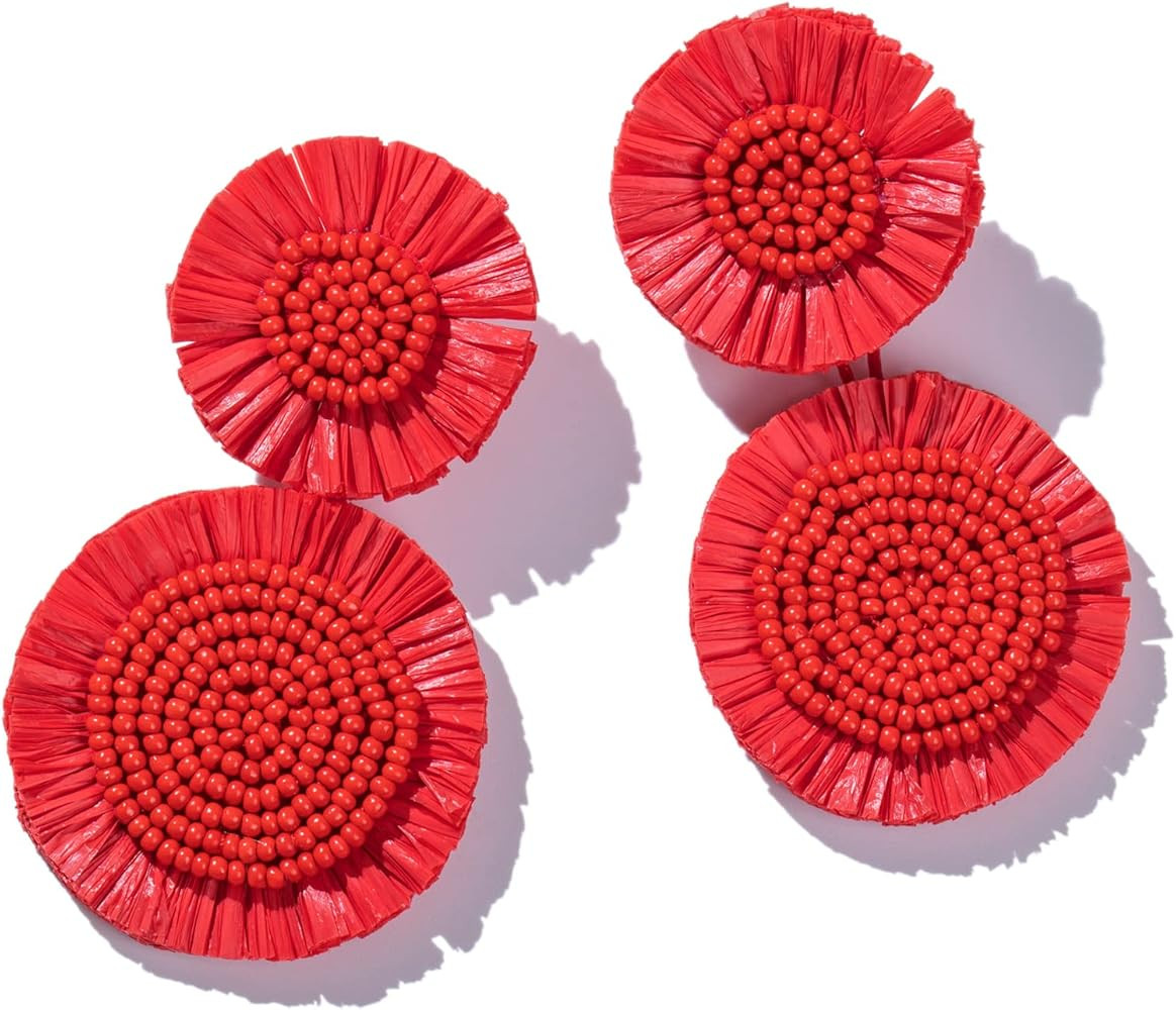 Boho Raffia Dangle Earrings Beaded - Handmade Tropical Flower Earrings for Summer Beach Vacation | Amazon (US)