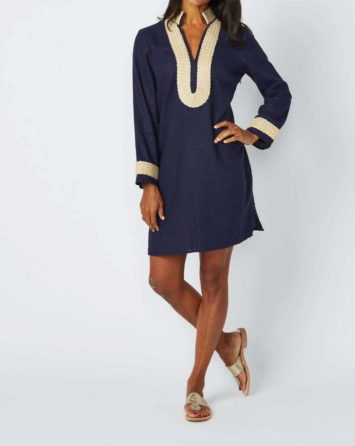 Long Sleeve Classic Tunic Dress In Navy/gold | Shop Simon
