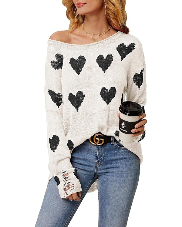 Chang Yun Women Off Shoulder Knitted Pullovers Sweater Loose Long Sleeve Hearts Printed Ripped To... | Amazon (US)