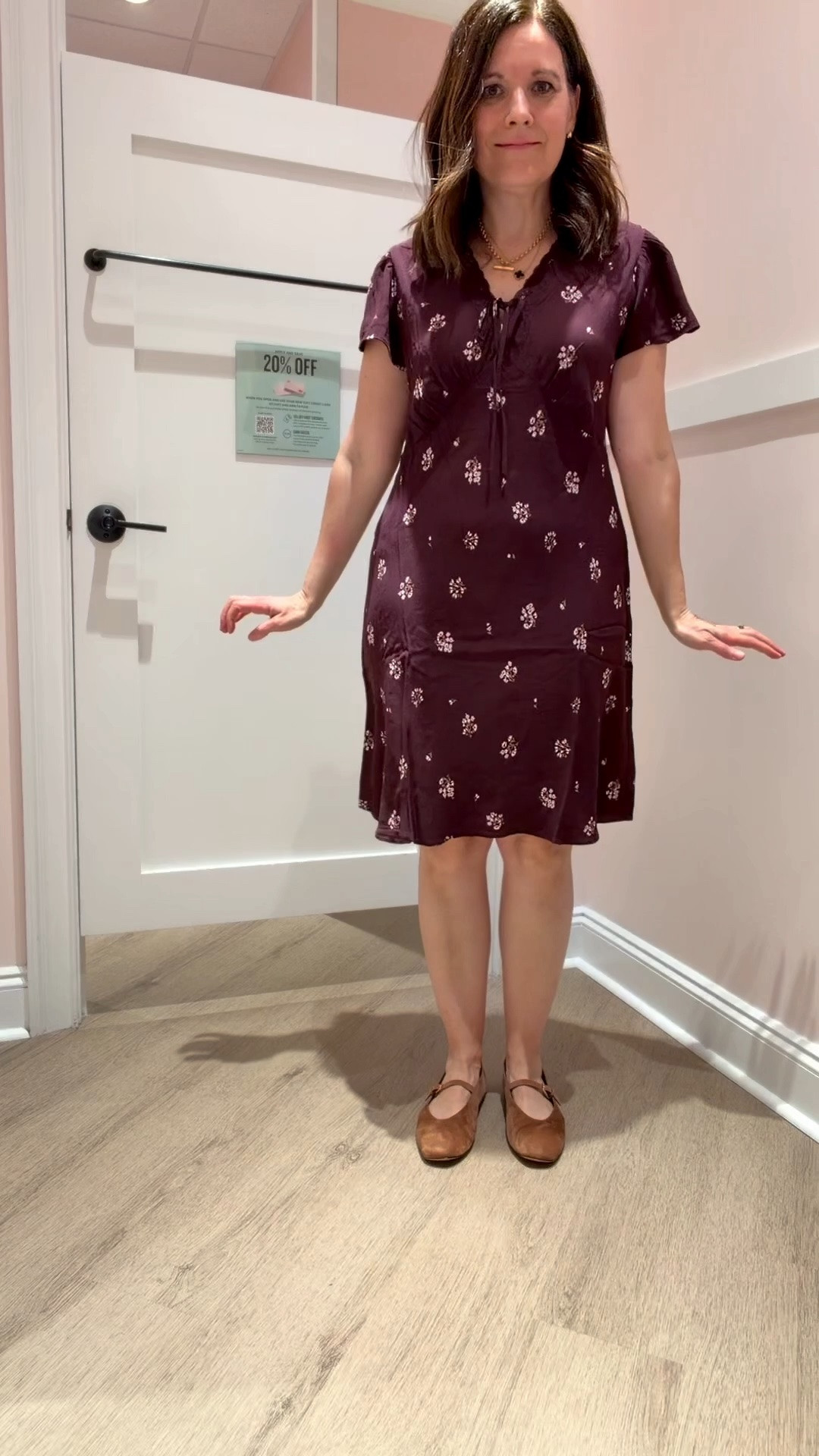I was so happy with this dress; it came home. It has short sleeves, an A-line shape, and seaming under the bust. I tried a medium, but went up to a large, which is a little longer and roomier for a soft belly. UPDATE: after seeing this dress in better light at home, a medium is a better fit up top. I’ll be exchanging it.

#LTKSaleAlert #LTKOver40 #LTKMidsize