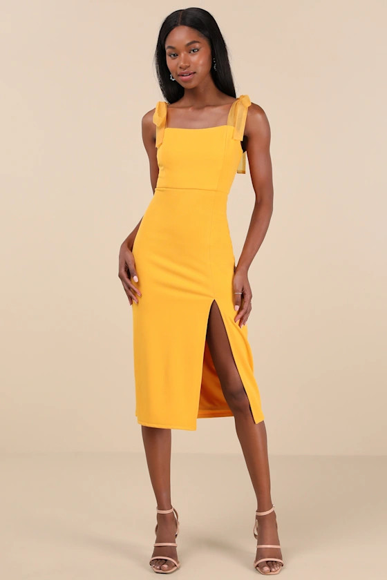Romantic Celebration Yellow Tie-Strap Bodycon Midi Dress | Lulus