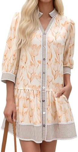 Wenrine Women's Floral Boho Mini Dress 3/4 Long Sleeve V Neck Casual Button Down Shirt Dresses | Amazon (US)