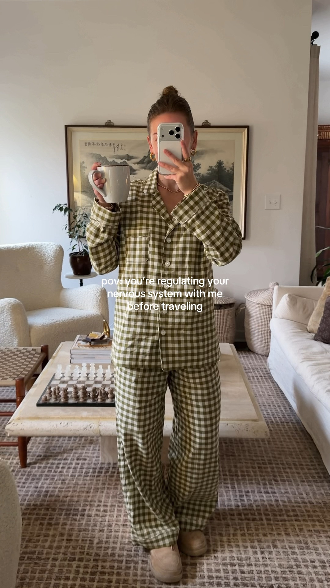 11/19/25 A slow, grounded morning to regulate my nervous system before a travel day — truly the best gift to give yourself during the holidays.

Linking everything from my cozy morning setup + travel essentials:

✨ Linked:
	•	Piglet in Bed Gingham PJs (size small)
	•	Piglet in Bed Striped House Robe — both perfect Christmas gifts 🎁
Use code: VANESSAF15 for 15% off
	•	Our Bedding (duvet + sheets)
	•	Our Living Room Furniture Details
	•	Amazon Pour-Over Coffee Maker + Gooseneck Kettle
	•	Canopy Showerhead Filter
	•	My Airport Travel Outfit from Athleta (brown fleece, lounge pants, puffer)

Slow mornings > rushed mornings… especially on travel day ✨