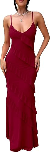 HOCILLE Women's Sexy V Neck Backless Bodycon Spaghetti Strap Elegant Ruffle Maxi Cocktail Party D... | Amazon (US)