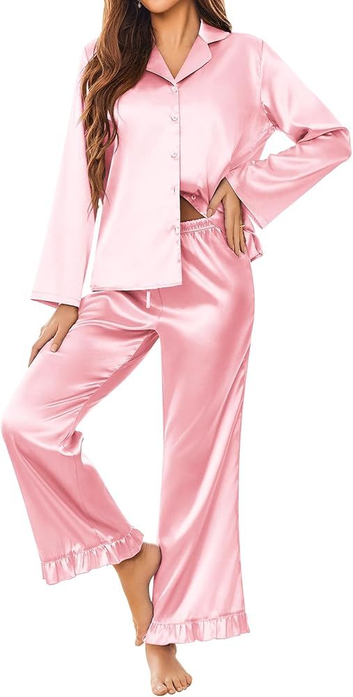 Ekouaer Silk Satin Pajamas Set Womens Long Sleepwear Button Down 2 Piece Classic Soft Loungewear ... | Amazon (US)