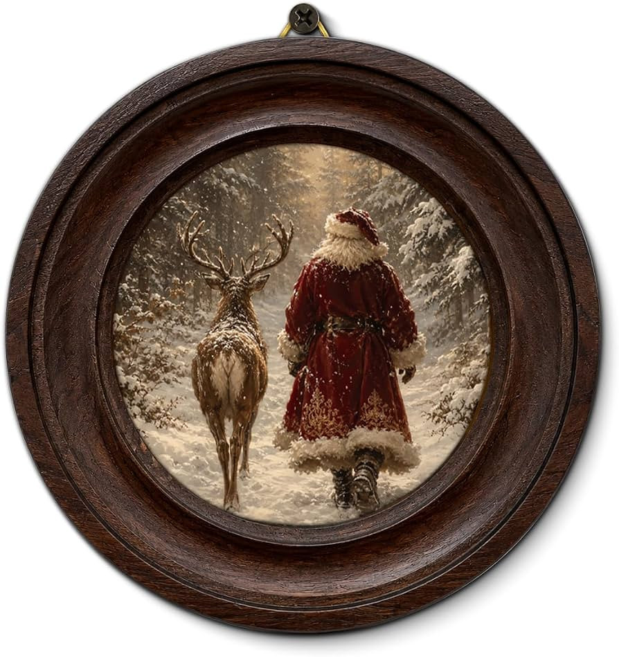 Framed Vintage Santa Reindeer Round Wall Art Decor, Christmas Hanging Decor | Amazon (US)