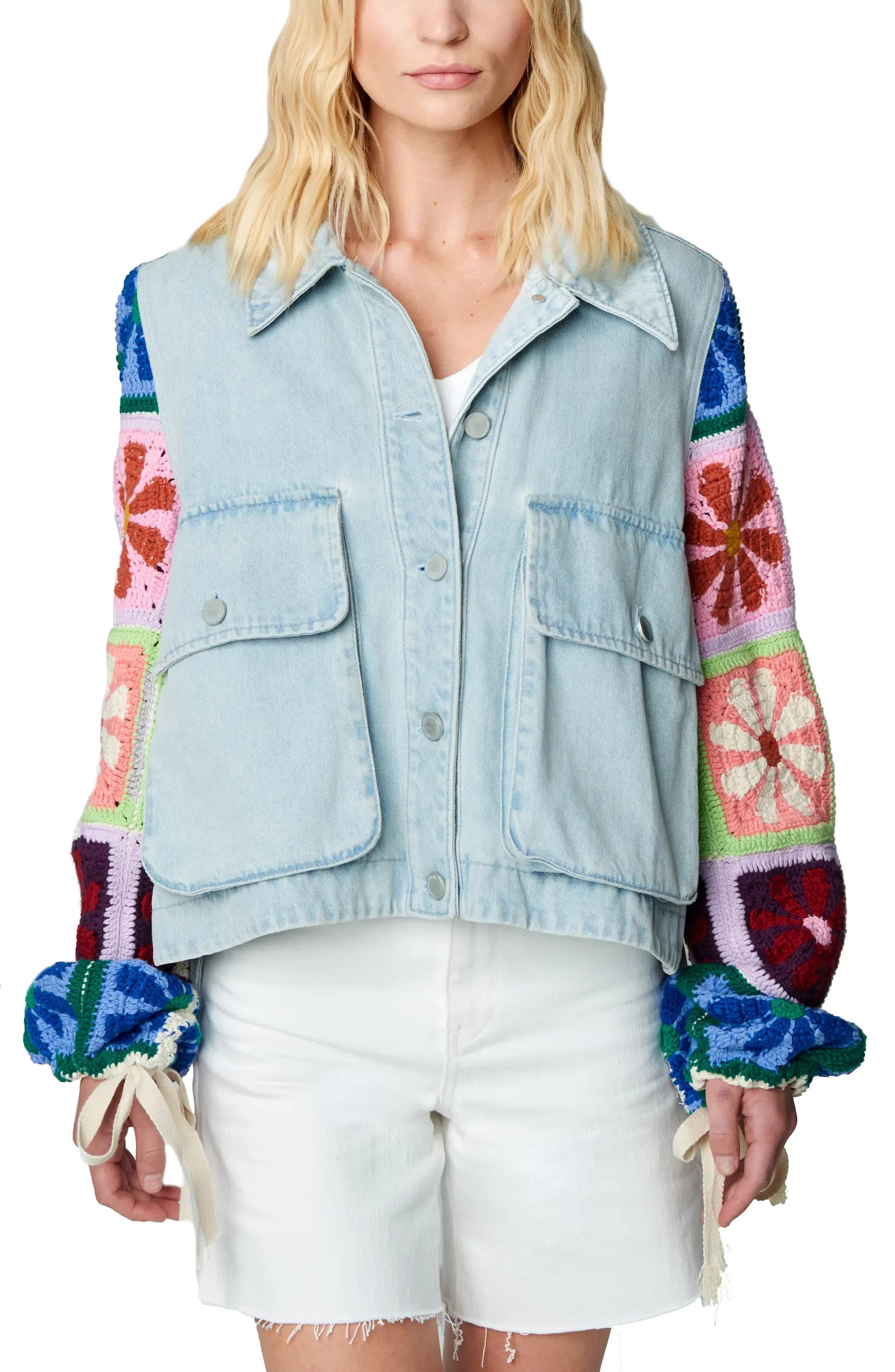 BLANKNYC Crochet Sleeve Denim Shirt Jacket | Nordstrom | Nordstrom