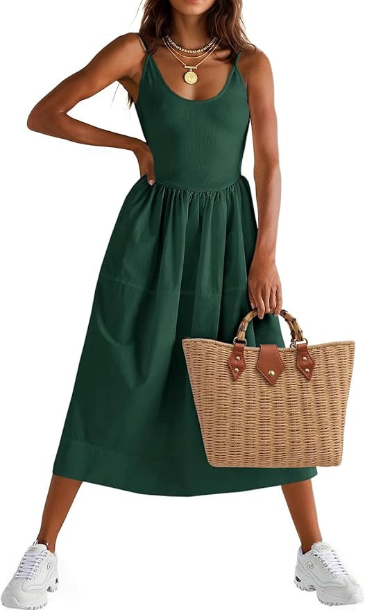 Fisoew Womens Spaghetti Strap Dress V Neck Backless Summer Casual A Line Cami Dress with Pocket | Amazon (US)