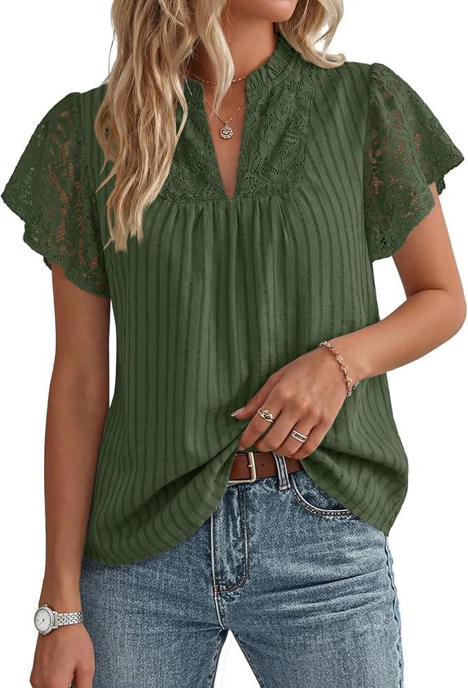 GRACE KARIN Womens Lace Short Sleeve Tops Summer Dressy Casual Cotton Blouses Flowy V Neck Dress ... | Amazon (US)