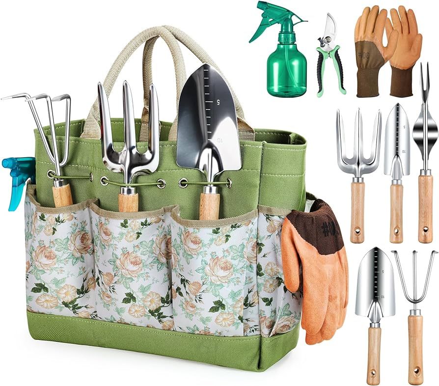 Grenebo Gardening Tools 9-Piece Heavy Duty Gardening Hand Tools with Fashion and Durable Garden Tools Organizer Handbag,Rust-Proof Garden Tool Set, Ideal Gardening Gifts for Women | Amazon (US)