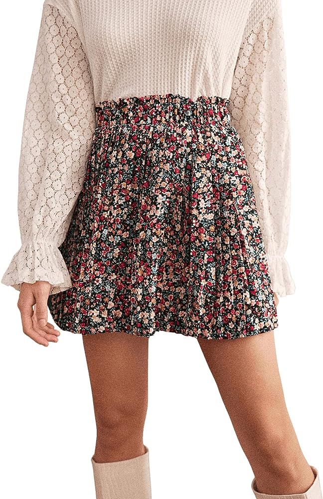 SweatyRocks Women's High Waist Mini Pleated Skater Skirt Flared A-Line Floral Short Skirt | Amazon (US)