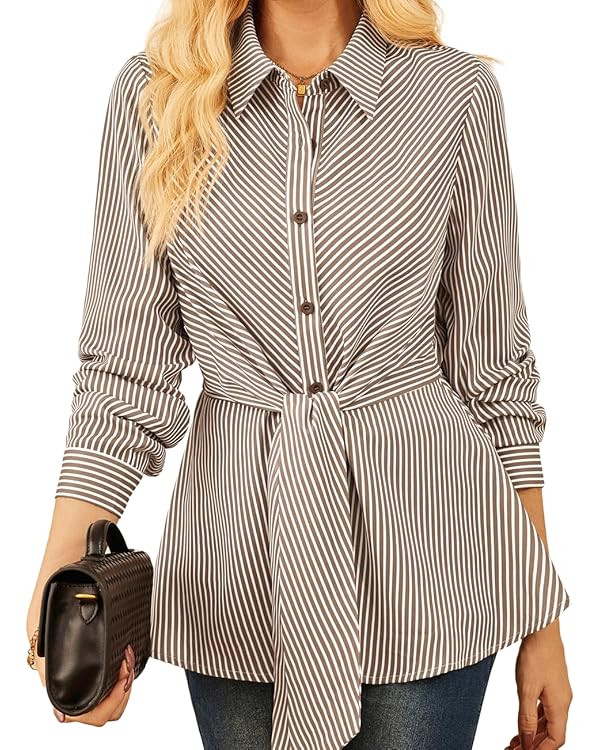 GRACE KARIN Peplum Tops for Women Tie Front Striped Button Down Shirt Collared Long Sleeve Busine... | Amazon (US)