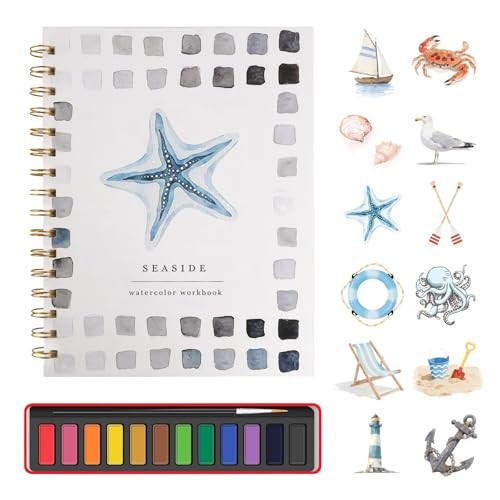 Watercolor workbook,Beginner Watercolor workbook,16-Page Spiral-Bound Water Painting Book,Contains 12 Colors of Paint and a Brush (Ocean) | Amazon (US)